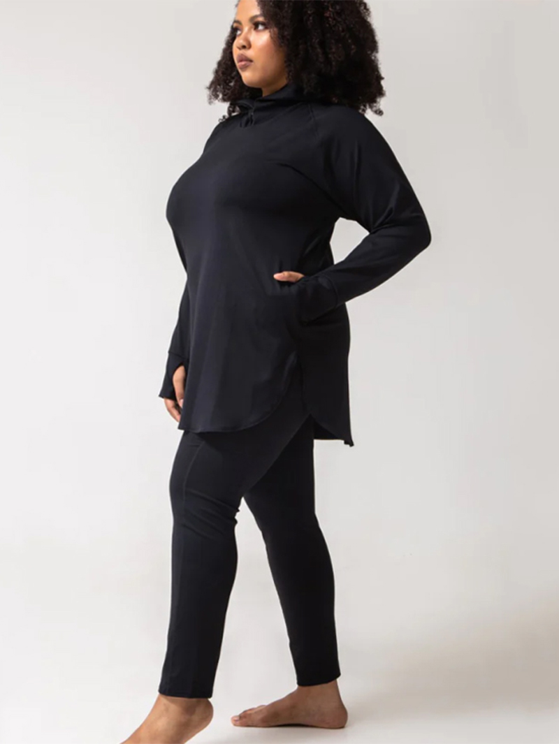 Modesty Contrast Stitching Black Long Sleeve Hoodie Sportswear for women